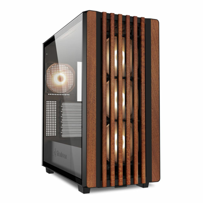 SHARKOON Caja de PC REBEL C70G RGB Full Tower Negra, Madera, Cristal Templado, Gaming, Panel Frontal y Lateral de Madera y Cristal