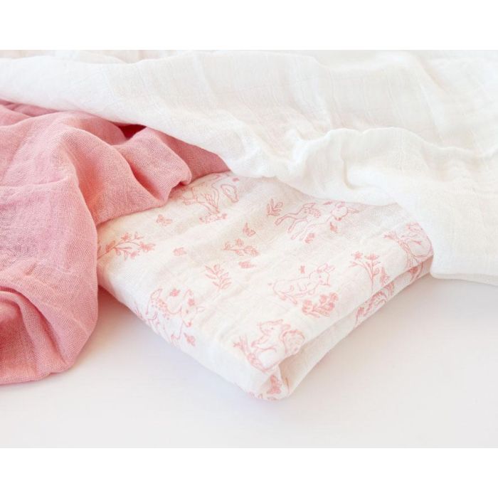 Set De 3 Muselinas Rosa, Blanco Y Estampado De Animalitos 70x70 cm