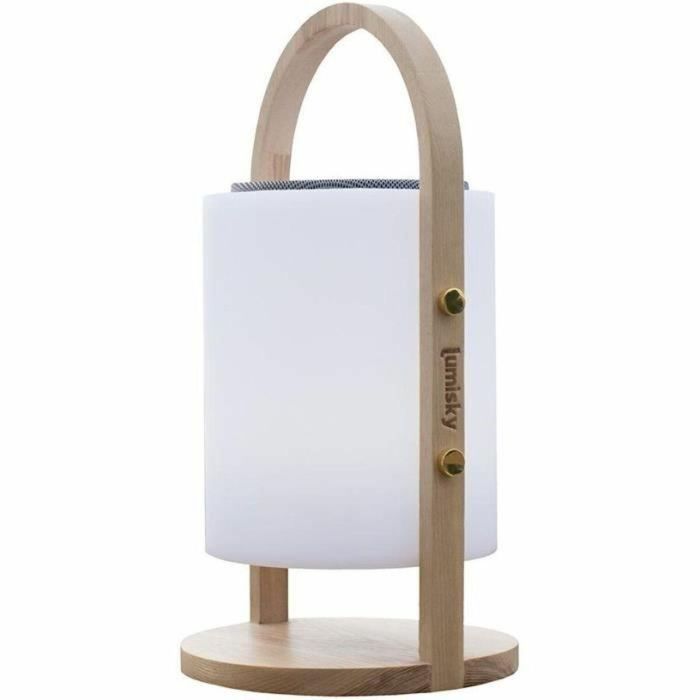 Lumisky LUM3760119731178 Lámpara altavoz Bluetooth inalámbrico WOODY PLAY con mango de madera, LED blanco y multicolor regulable, 37 cm