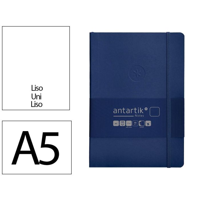 Antartik Cuaderno A5 Tapa Blanda Hojas Lisas 80 Hojas 80gr Azul Marino con Gomilla, 2 Marcapáginas y Bolsillo Simil Piel FSC