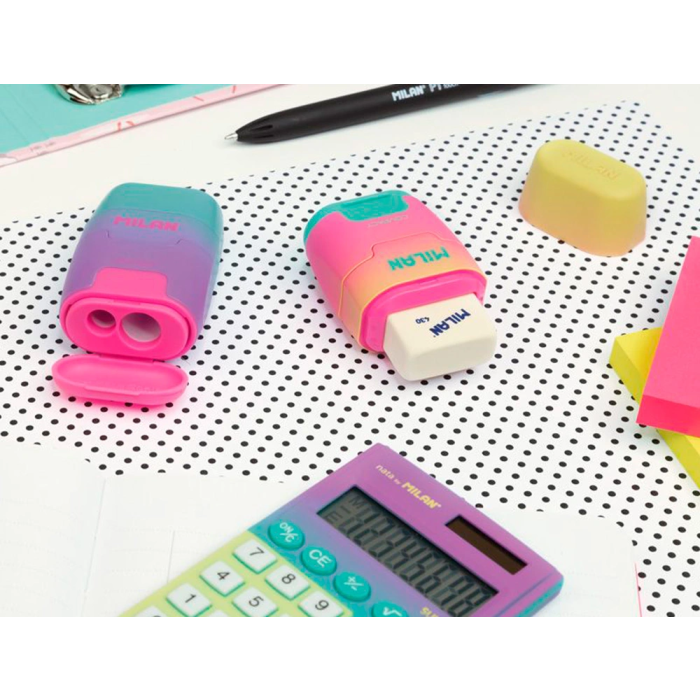 Milan Sacapuntas Compact Sunset Plástico 2 Usos con Goma de Borrar y Depósito Colores Surtidos 4 Milan Sacapuntas Compact Sunset Plástico 2 Usos con Goma de Borrar y Depósito Colores Surtidos 4