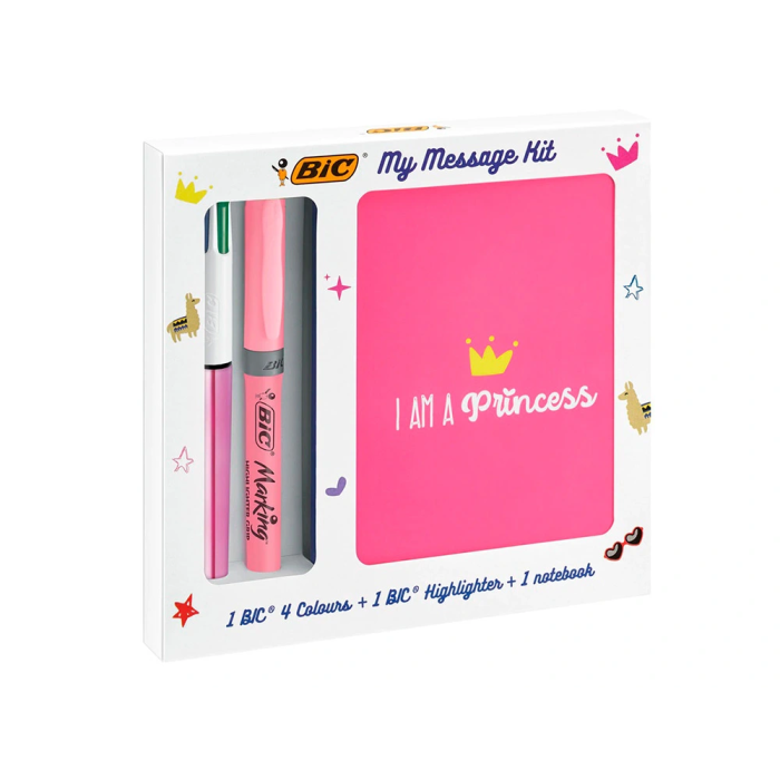 Bic Set Escritura My Message Kit: Bolígrafo 4 Colores Shine, Highlighter Grip Pastel y Libreta A6 5
