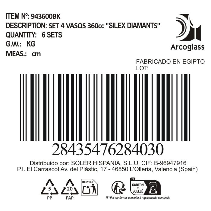 La Mediterranea Set 4 Vasos 360 cc Colección Silex Diamants (6 Cajas) 1