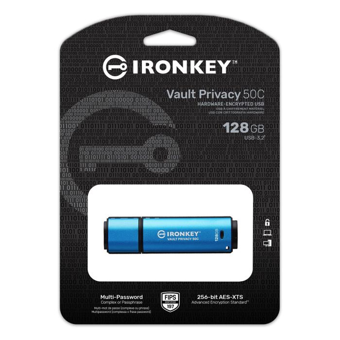 Kingston IronKey Vault Privacy 50C USB-C 128GB, Cifrado AES-256, FIPS 197, USB 3.2 Gen 1, Negro/Azul 2