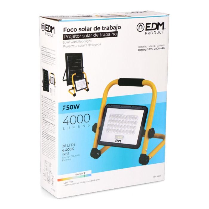 Edm Foco solar de trabajo + panel solar 50W, 4000 lm, luz fría 6400K, IP65, 36 LEDs, 3 modos, batería 5000mAh 4 Edm Foco solar de trabajo + panel solar 50W, 4000 lm, luz fría 6400K, IP65, 36 LEDs, 3 modos, batería 5000mAh 4