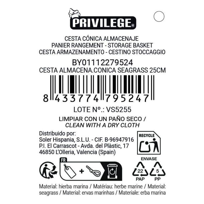 Inde Cesta Almacenamiento Cónica Seagrass 25 cm 10