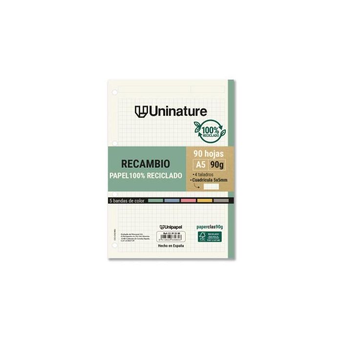 Recambio Reciclado A5 90 Hojas 90Gr Cuadricula 5X5 Mm con Taladros 5 Bandas Color Uninature 53393500