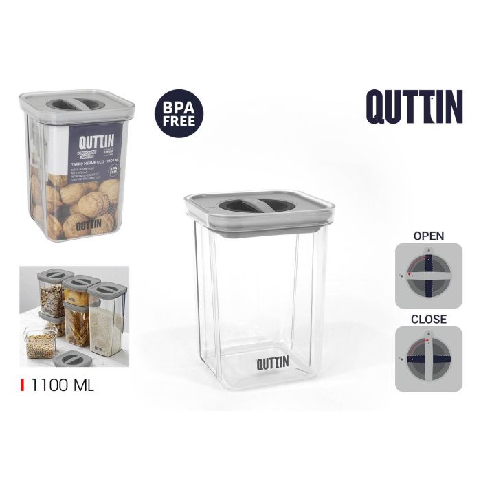 Quttin Tarro Hermético PET 1100 ml, 11,2 cm Ancho x 11,2 cm Largo x 15,5 cm Alto (12 Unidades)