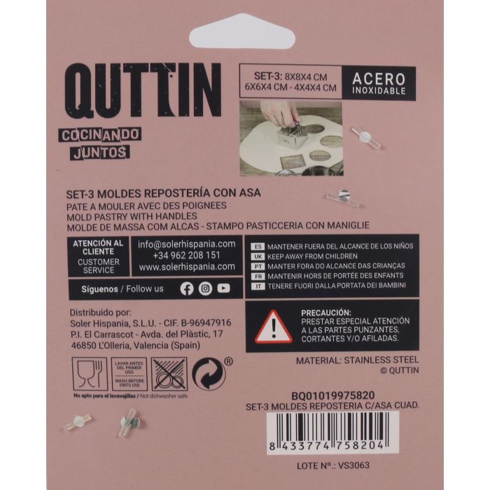 Set de 3 moldes para repostería cuadrados con asa Quttin (24 Cajas) 8 Set de 3 moldes para repostería cuadrados con asa Quttin (24 Cajas) 8