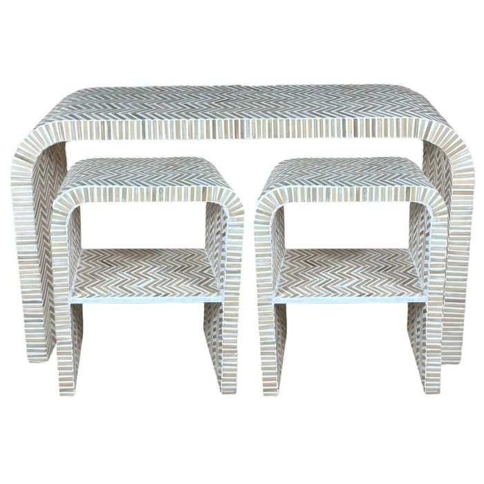 DKD Home Decor Consola Tropical Marron Blanco 30 x 70 x 120 cm Set de 3 Piezas Bambu y Resina Raviet