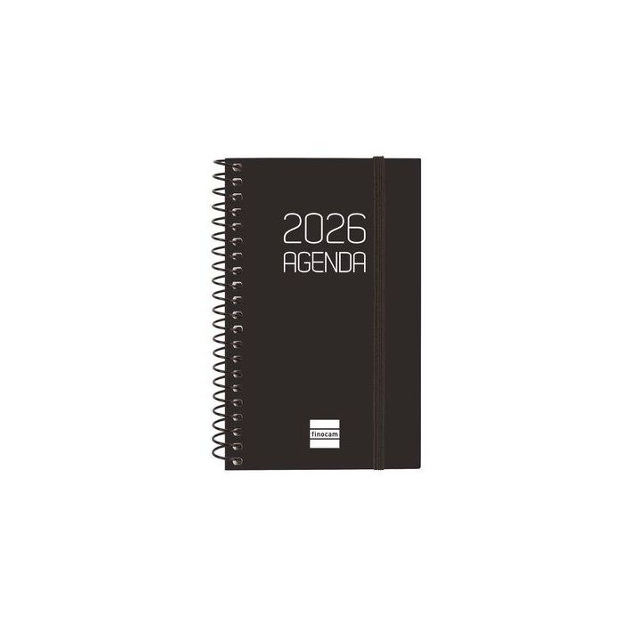 Finocam Agenda Espiral Opaque E3-79x127 mm Svh, Tapa PP, Negro 2026 - Mini Formato, Goma Elástica y Esquinas Microperforadas