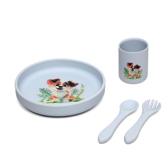 KioKids Vajilla de Silicona con Ventosa para Bebé Lovely Friends, Plato, Vaso y Cubiertos, Kit BLW, Azul, +6 Meses, 100% Grado Alimenticio, Lavavajillas, Microondas