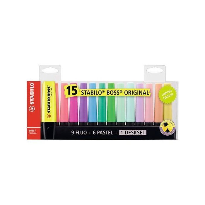 Stabilo Boss Original Marcador Fluorescente Set Escritorio 9 Fluorescentes Y 6 Pastel Blíster 15 Ud