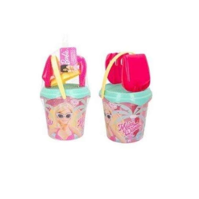 Cubo de playa barbie 18 cm con pala, rastrillo, cedazo y 2 moldes en red 2 Cubo de playa barbie 18 cm con pala, rastrillo, cedazo y 2 moldes en red 2