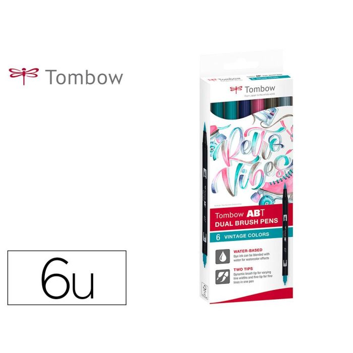 Tombow Abt Dual Brush Rotulador Acuarelable Doble Punta Fina-Pincel, Estuche de 6 Colores Vintage para Lettering y Acuarela Tombow Abt Dual Brush Rotulador Acuarelable Doble Punta Fina-Pincel, Estuche de 6 Colores Vintage para Lettering y Acuarela