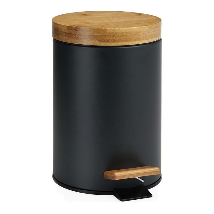 Andrea House Papelera de Baño con Pedal y Cierre Suave, Metal Negro Mate y Tapa de Bambú, Cilíndrica 3 L