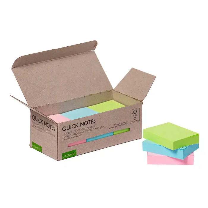 Q-connect Bloc de notas adhesivas quita y pon 38x51 mm 100% papel reciclado colores pasteles en caja de carton Ecológico 2 Q-connect Bloc de notas adhesivas quita y pon 38x51 mm 100% papel reciclado colores pasteles en caja de carton Ecológico 2