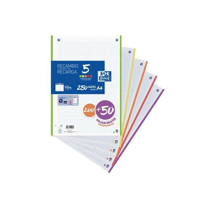 Oxford Recambio 200 + 50 Hojas Gratis A4 Microperforadas, Cuadrícula 5x5 mm, 90 gr, 5 Bandas Colores Vivos