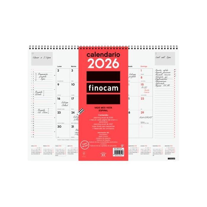 Finocam Vade Calendario Espiral de Sobremesa 420x310 mm, MV Neutro, con Planificador Mensual y Anual para 2026