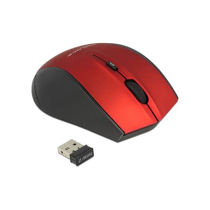 DeLOCK Ratón Ergónómico Inalámbrico 2.4G 12493 - Óptico 1600 DPI, 5 Botones, Mano Derecha, Negro y Rojo 1