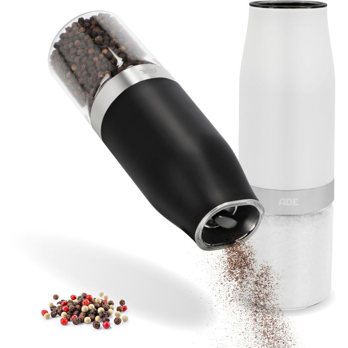 ADE ADE4262379094622 Juego de 2 Molinillos Eléctricos de Sal y Pimienta, Vidrio/Sintético, Altura 18.3 cm, Blanco y Negro 2