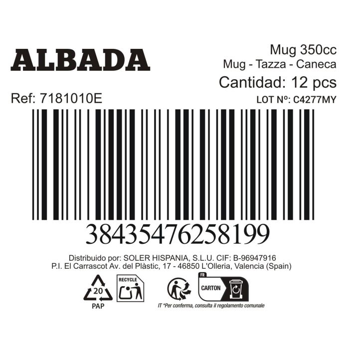 Inde Mug Albada 350 cc - Taza de cerámica 8 cm Ancho x 9,4 cm Alto x 12 cm Largo (48 Unidades) 11 Inde Mug Albada 350 cc - Taza de cerámica 8 cm Ancho x 9,4 cm Alto x 12 cm Largo (48 Unidades) 11