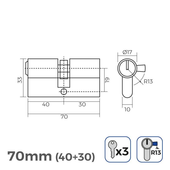 Cilindro 70mm (40+30mm) niquelado, leva corta r13 con 3 llaves de serreta incluidas 1