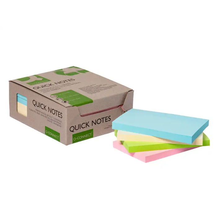 Q-connect Bloc de notas adhesivas 76x127 mm, 100 hojas, 100% papel reciclado, colores pasteles, caja de cartón 1