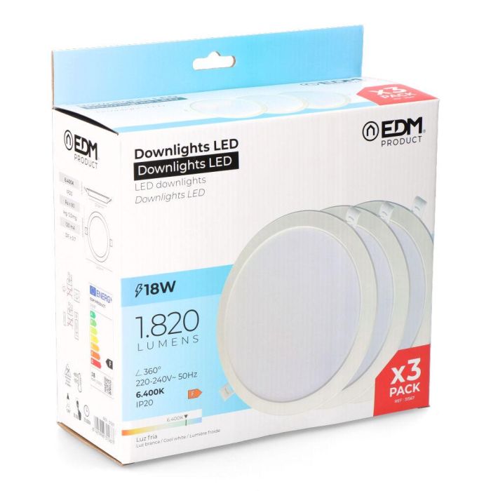 Edm Pack 3 Downlights LED 18W Luz Fría 6400K - Empotrables Redondos, 1820LM, Blanco 3 Edm Pack 3 Downlights LED 18W Luz Fría 6400K - Empotrables Redondos, 1820LM, Blanco 3