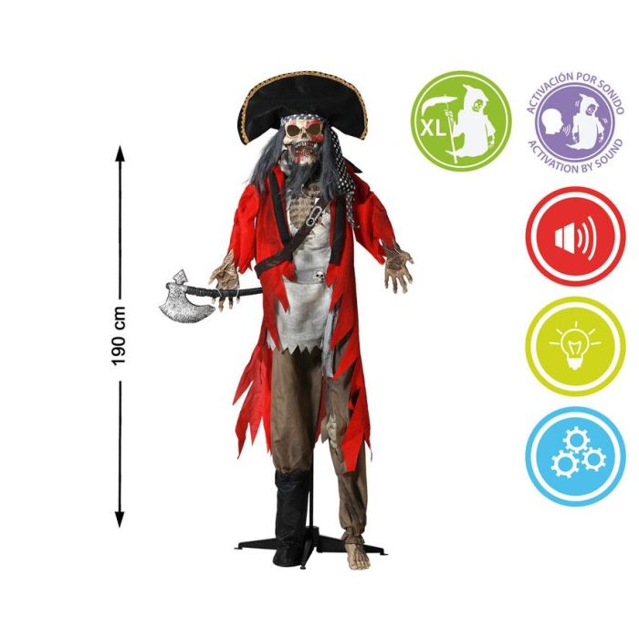 Figura Pirata Esqueleto de Pie 190 cm con Hacha, Luz, Sonido y Movimiento - Decoración de Halloween