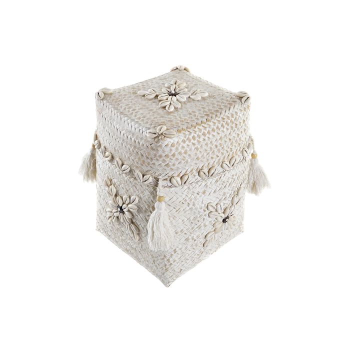 DKD Home Decor Cesta Balines Blanca de Bambú y Conchas, Set de 3 Unidades, 28 x 27 x 28 cm 2