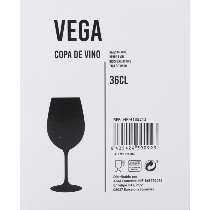 Inde Copa de Vino 'Vega', 36 cl - Copa para vino tinto o blanco, diámetro 6.4 x 20.2 cm, cristal (24 Unidades)