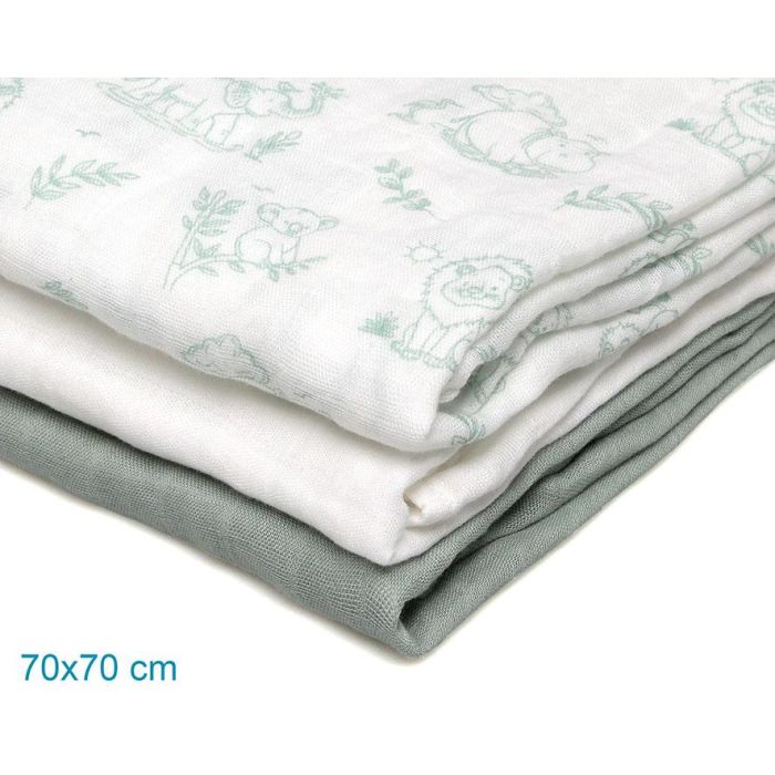 Set De 3 Muselinas Verde, Blanco Y Estampado Selva 70x70 cm Set De 3 Muselinas Verde, Blanco Y Estampado Selva 70x70 cm
