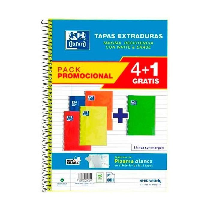 Oxford Cuaderno Espiral Classic White&Erase 80H Folio 1 Línea T-Extradura Pack 4+1 C-Surtidos