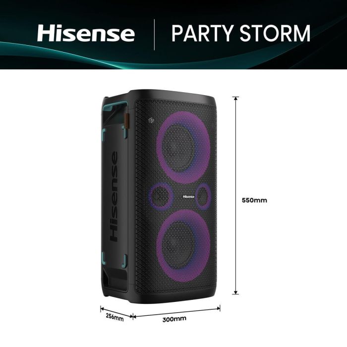 Hisense Party Storm Altavoz para Fiestas Inalámbrico Negro 300W Resistente al Agua Bluetooth USB Entrada Auxiliar Batería 15h 13