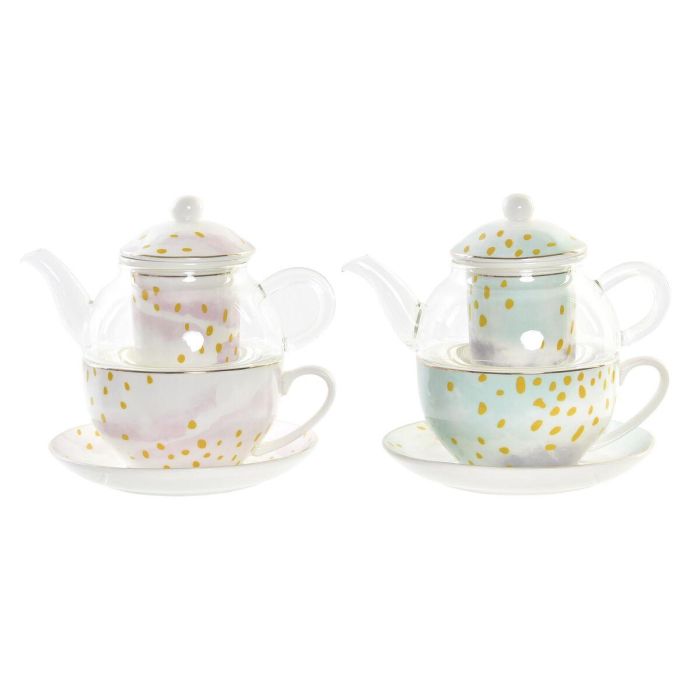Tetera DKD Home Decor Cristal Porcelana Rosa Transparente Blanco Verde (2 Unidades) 1