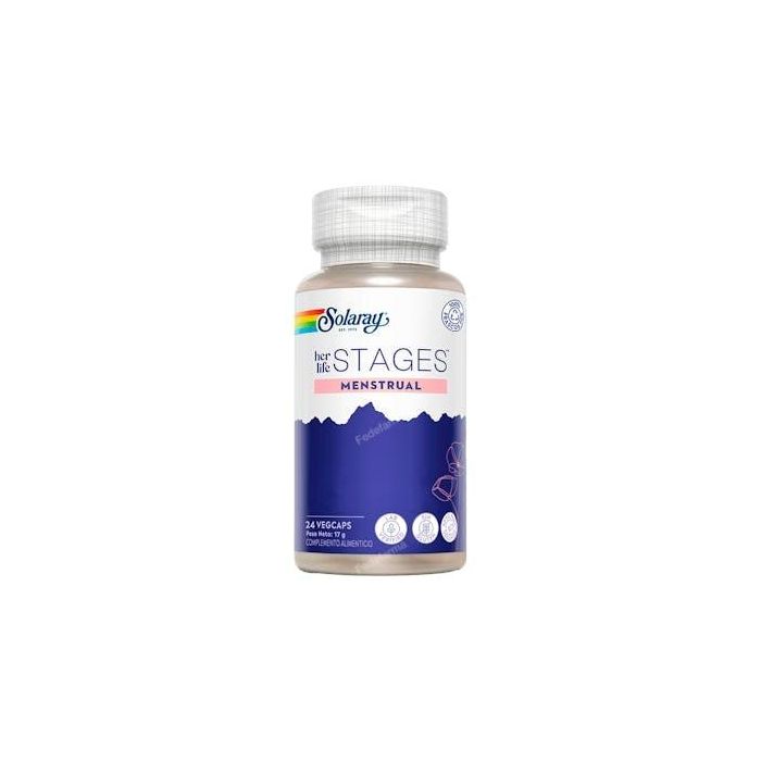 SOLARAY Menstrual Stages 24 cápsulas, apoyo nutricional ciclo menstrual mujer, alivia síntomas, vegano, sin gluten ni lactosa