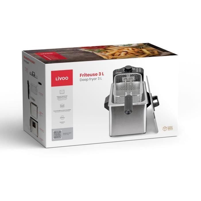 Livoo DOC216 Freidora 3 L 2000W con Depósito Acero Inoxidable Extraíble, Cesta Freír Extraíble y Termostato Regulable 5