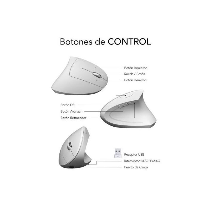 Ratón Ergonómico Inalámbrico por Bluetooth/ 2.4GHz Subblim Glide Vertical Ergo Dual Battery/ Batería Recargable/ Hasta 1600 DPI/ Blanco 6