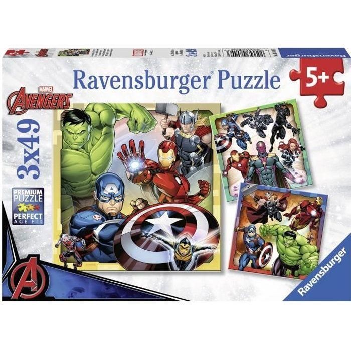 Ravensburger Rompecabezas Infantil Los Poderosos Vengadores - 3 Puzzles de 49 Piezas Cada Uno con Póster Guía para Niños 5+ Años