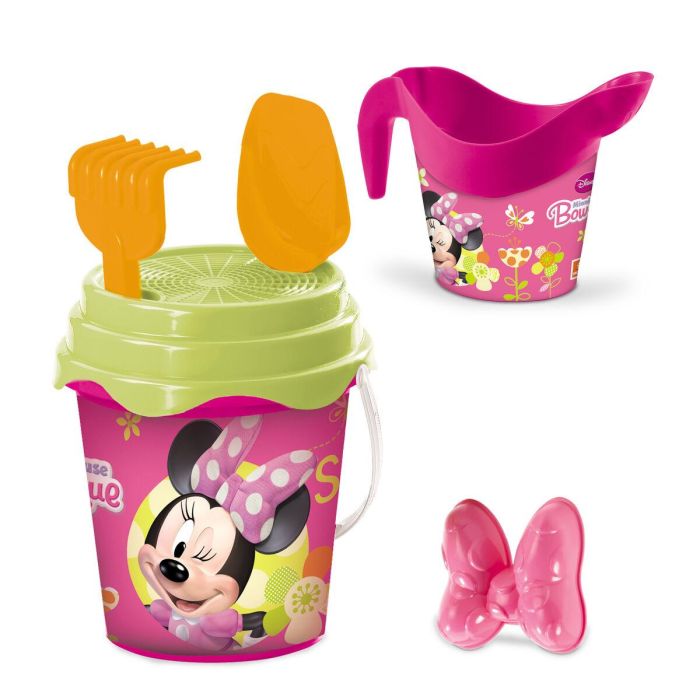 Cubo playa castillo minnie con cedazo, pala, rastrillo, molde y regadera 18 cm Cubo playa castillo minnie con cedazo, pala, rastrillo, molde y regadera 18 cm