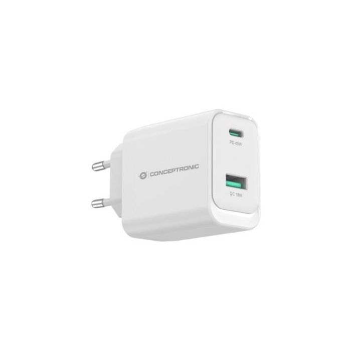Conceptronic Cargador 45W PD3.0/PPS GaN ALTHEA20W45, 2 Puertos USB-C y USB-A, Carga Rápida, Blanco 1