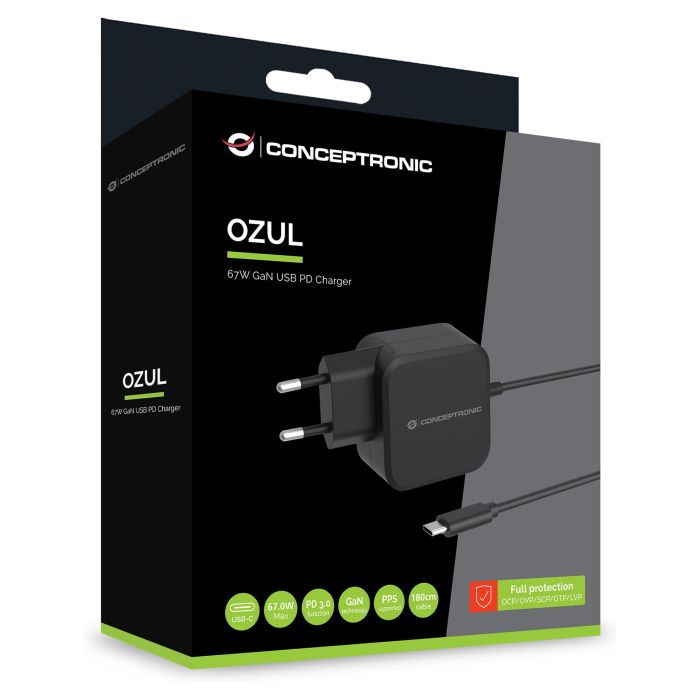 Conceptronic OZUL04BE Cargador Pared USB PD GaN 67W USB-C con Cable Incorporado 180cm Negro 2 Conceptronic OZUL04BE Cargador Pared USB PD GaN 67W USB-C con Cable Incorporado 180cm Negro 2
