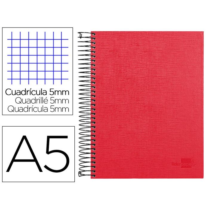 Cuaderno Espiral Liderpapel A5 Micro Papercoat Tapa Forrada 140H 75 gr Cuadro5 mm 5 Bandas 6 Taladros Rojo