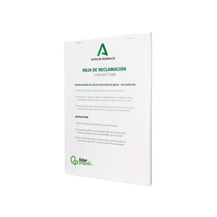 Liderpapel Libro Hojas de Reclamaciones Junta de Andalucía DIN A4 Original + 2 Copias 1