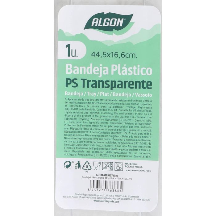 Bandeja rectangular transparente Algon 44.5 x 16.6 cm (24 Unidades) 3 Bandeja rectangular transparente Algon 44.5 x 16.6 cm (24 Unidades) 3