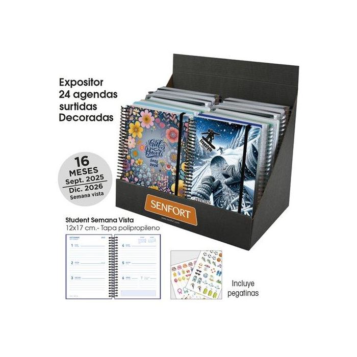 Agenda Anual (2025-26) Senfort 16 Meses Student Decorada Espiral Tapa Pp Con Goma 120X170 S/V Surtido Expositor De 24