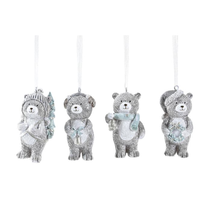 DKD Home Decor Set de 12 Decoraciones Colgantes de Navidad Modernas, de Resina Color Gris con Forma de Oso, Surtidas, 3x4x7 cm