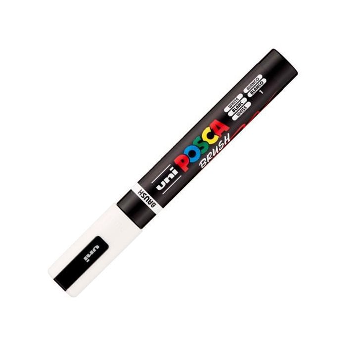 POSCA PC-5Br Marcador Brush Punta M Semiflexible Blanco - Base Agua, Resistencia UV, 16 Colores