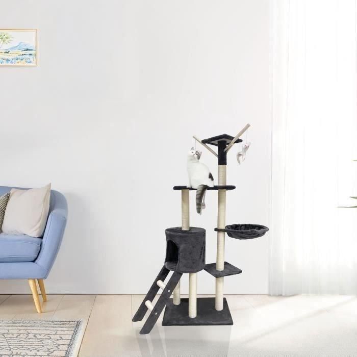 JIPSY Rascador para gatos gris oscuro 79 x 34 x 138 cm - 3 plataformas, 1 percha, 1 perrera, 1 escalera, postes rascadores ALC14A 5
